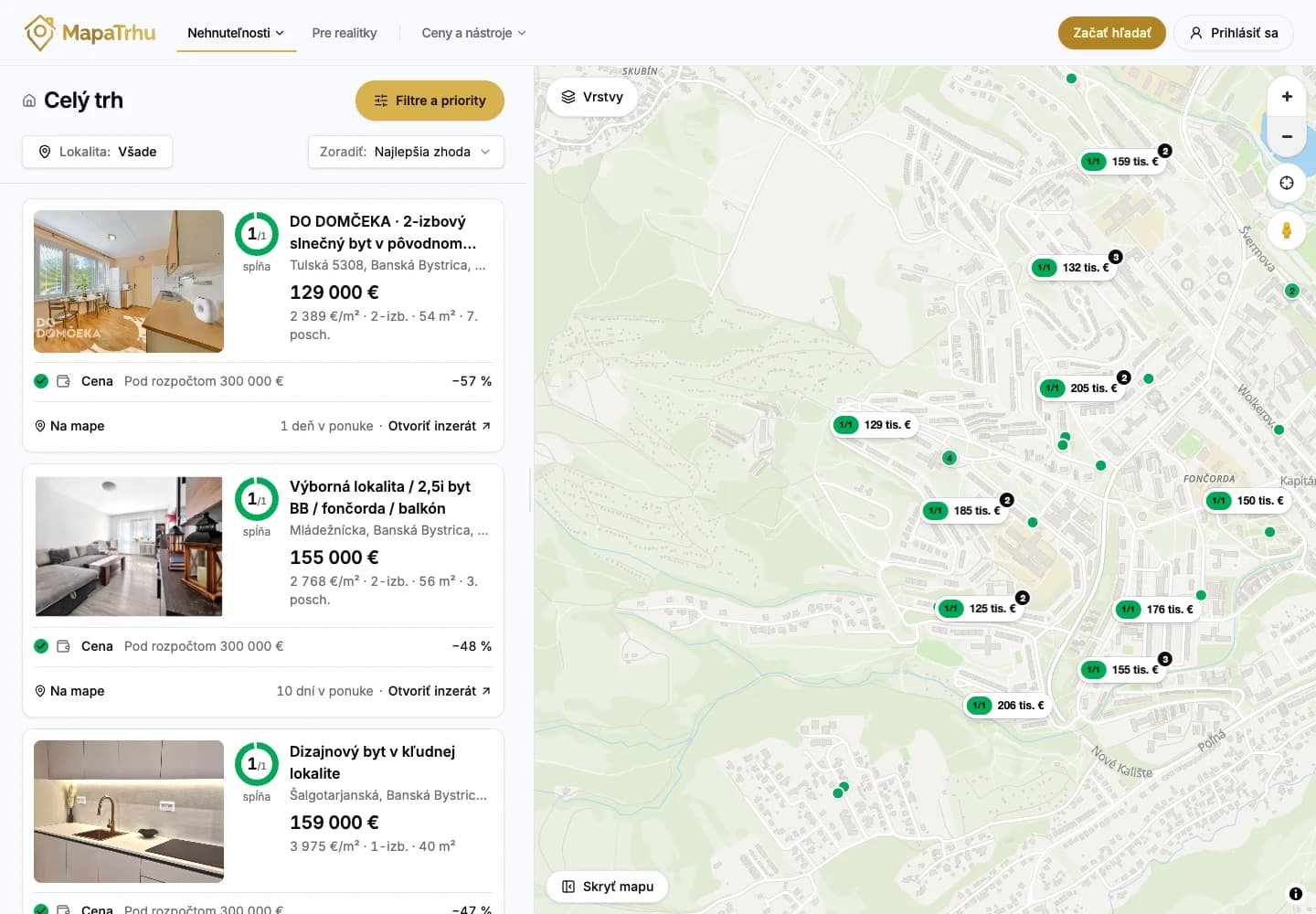 Mapa ponúk v MapaTrhu V3 prepojená so zoznamom