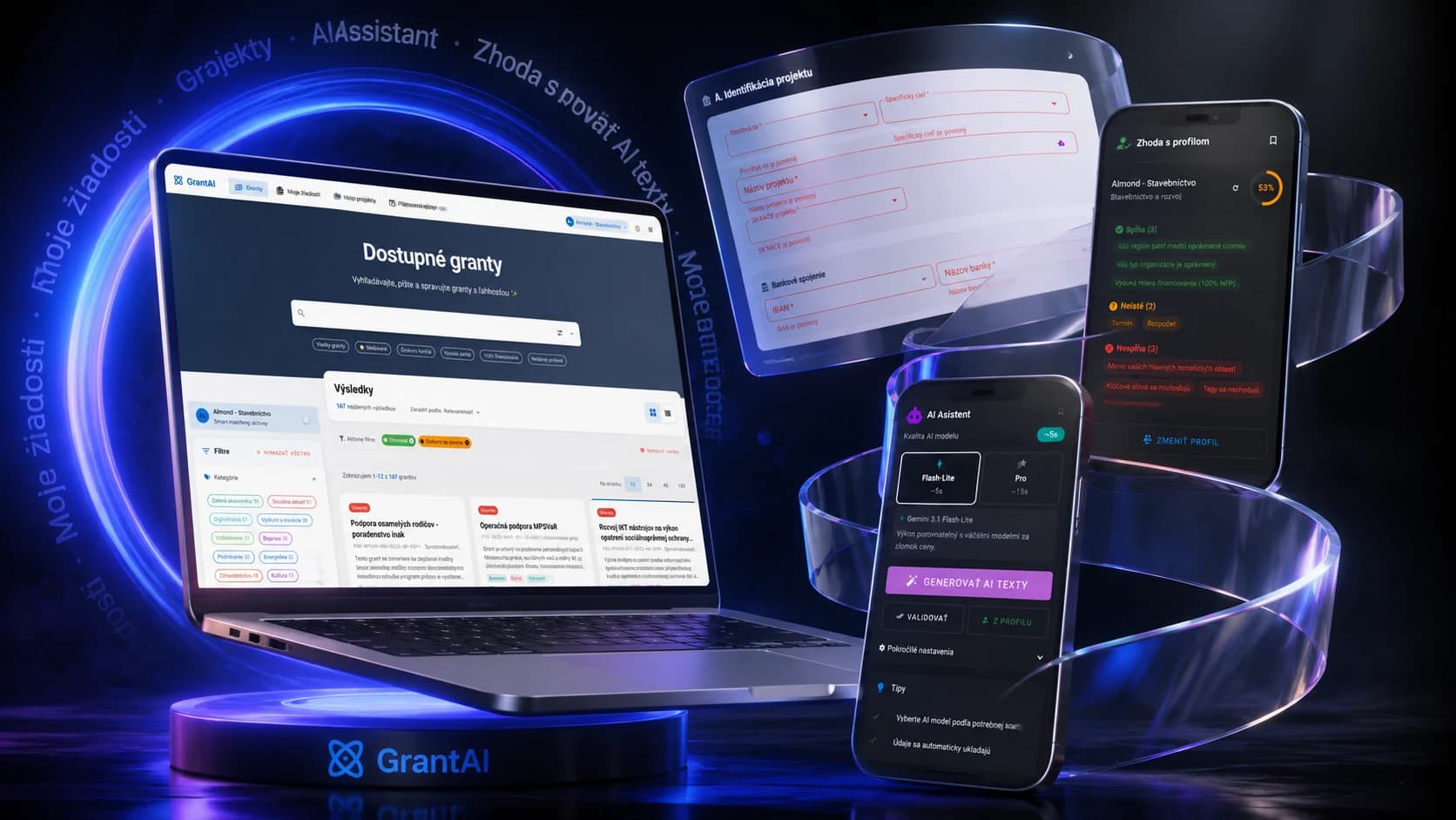 GrantAI na notebooku a mobilných obrazovkách s vyhľadávaním grantov a AI asistentom