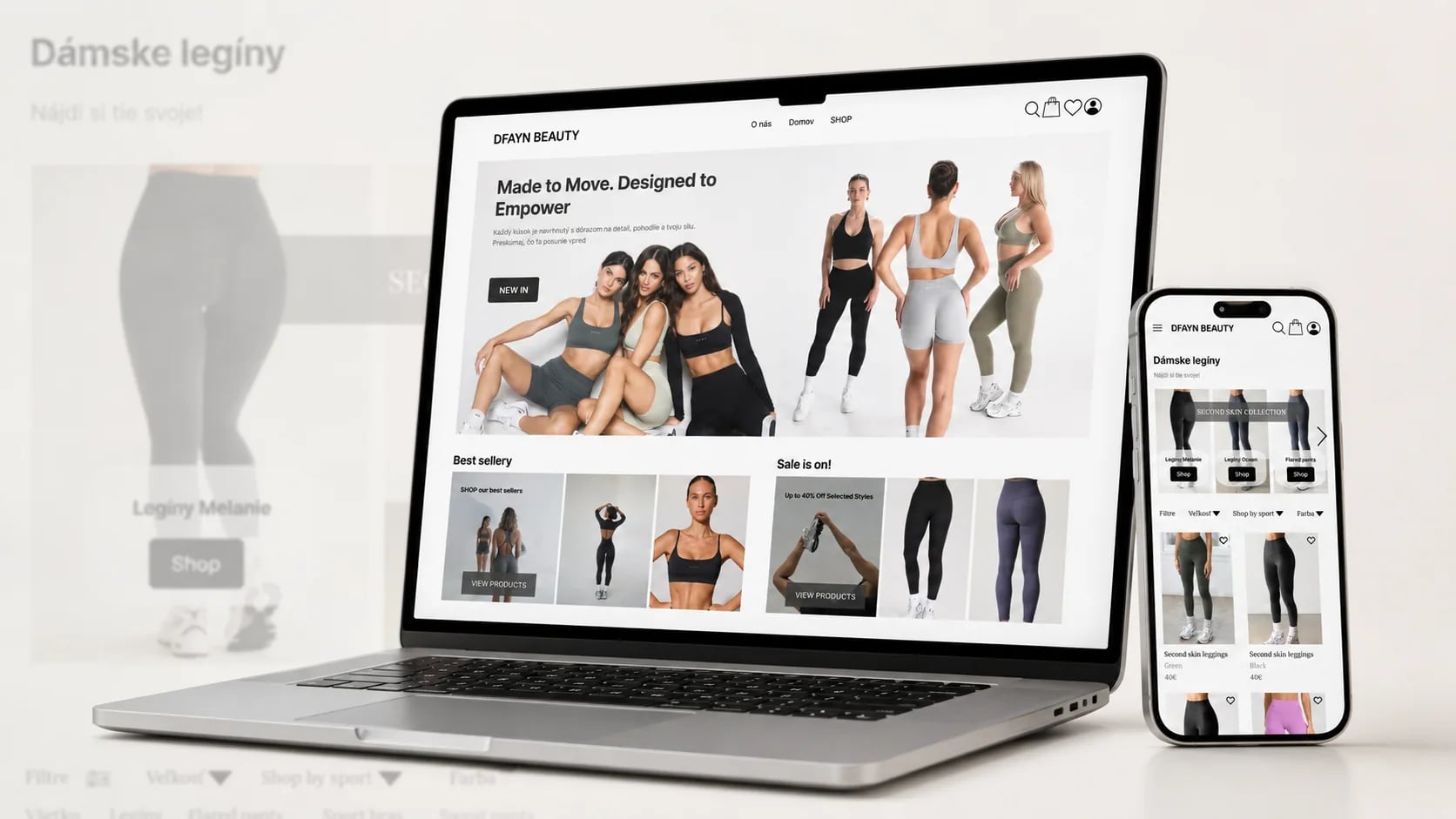 Koncept domovskej stránky e-shopu DFAYN BEAUTY na notebooku a telefóne