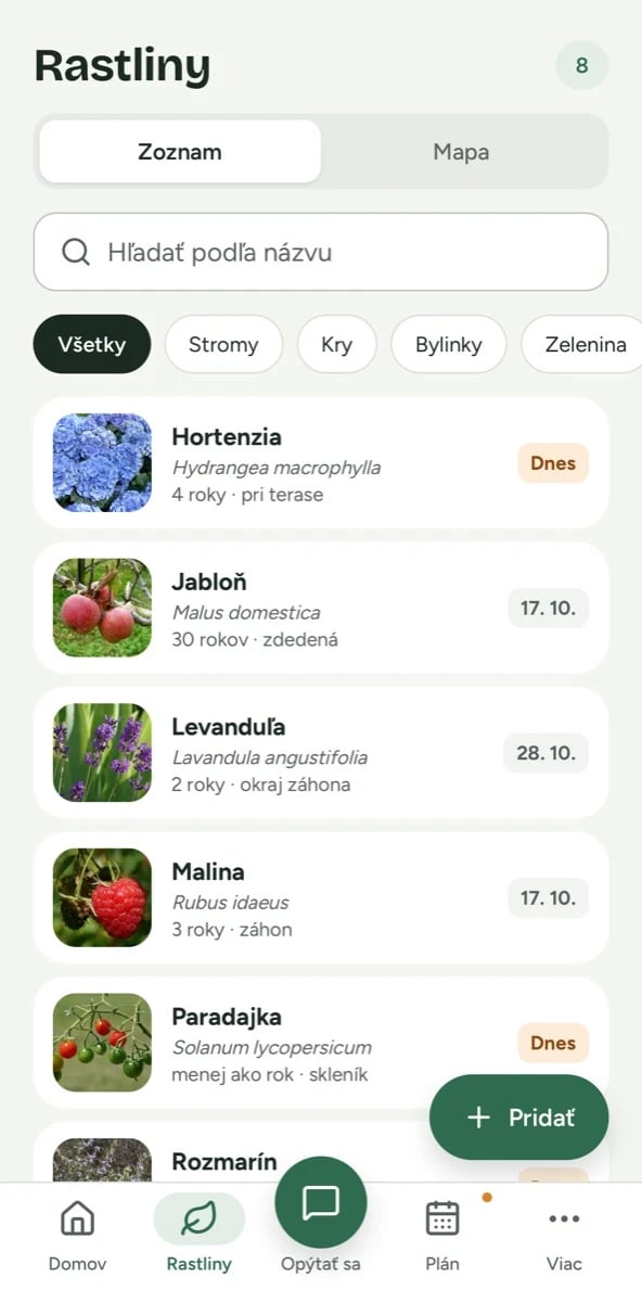 Zoznam rastlín a navigácia webovej verzie Flori