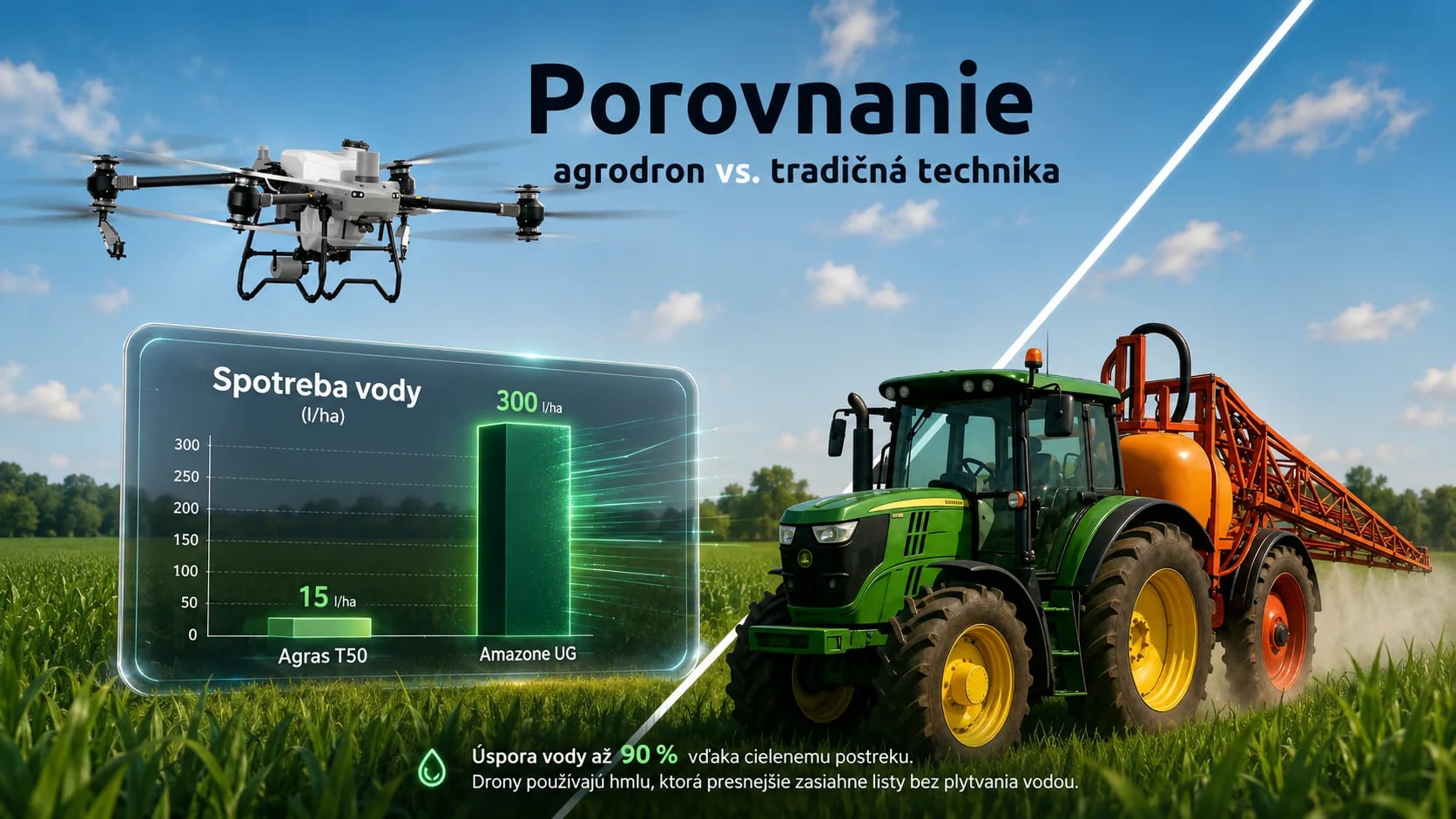 Porovnanie agrodrónu a tradičnej techniky s grafom spotreby vody
