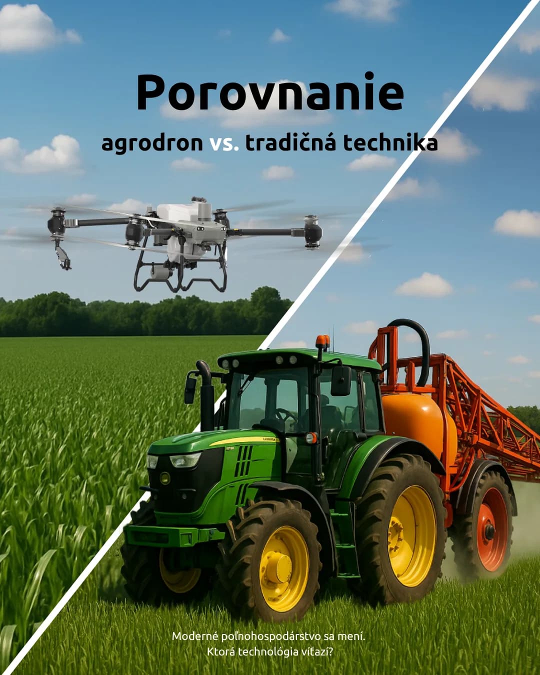 Vertikálny úvodný slajd s dronom nad poľom a traktorom oddelenými diagonálou