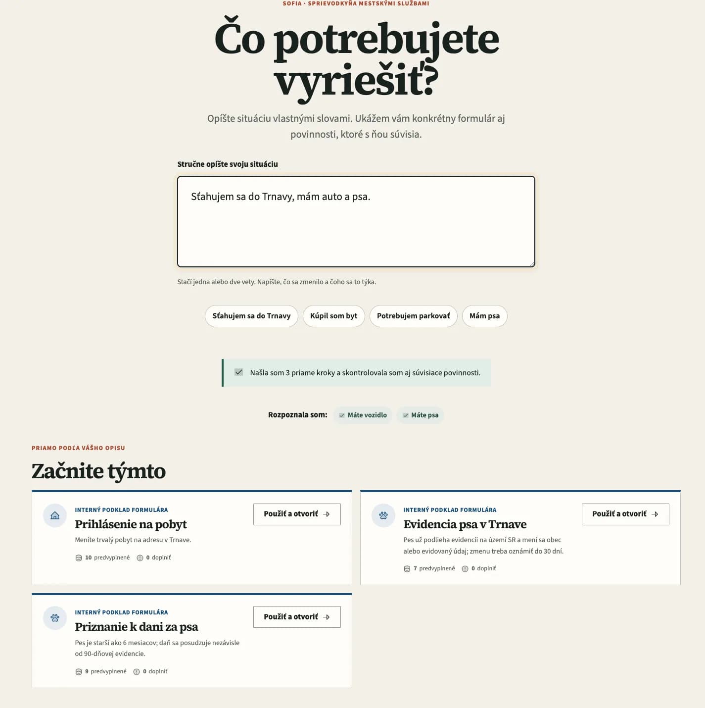 Obrazovka s opisom situácie vlastnými slovami a s krokmi, ktoré z nej systém našiel