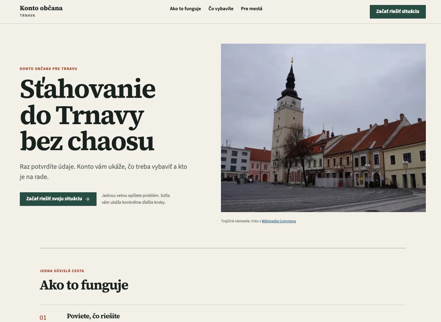 Úvodná obrazovka Konta občana pre Trnavu s nadpisom o sťahovaní bez chaosu