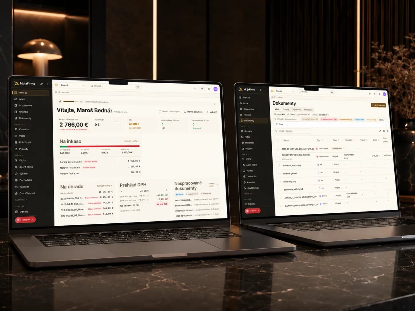 Dashboard a dokumenty MojaFirma na dvoch notebookoch