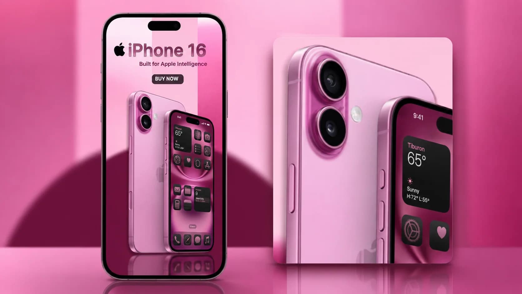 Ten istý vertikálny vizuál iPhone 16 v tmavšej ružovej scéne