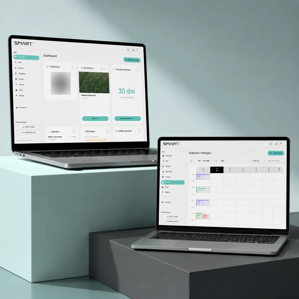 SmartGym členský dashboard a tréningový kalendár na notebookoch