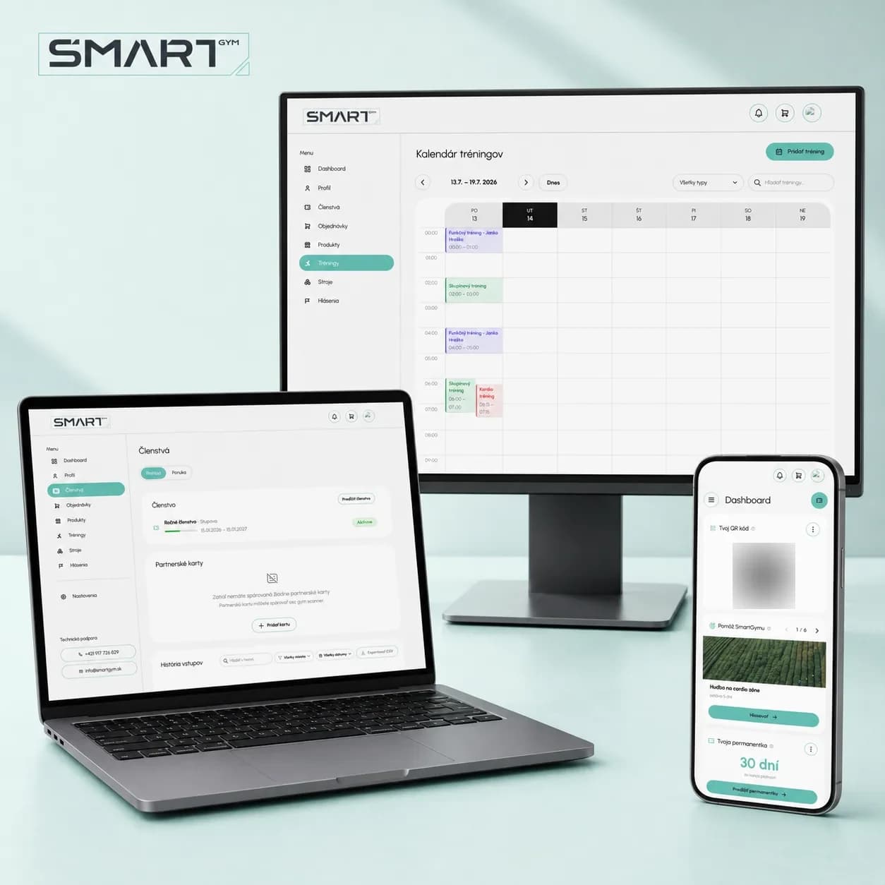SmartGym tréningový kalendár a členstvo, s členským dashboardom na troch zariadeniach