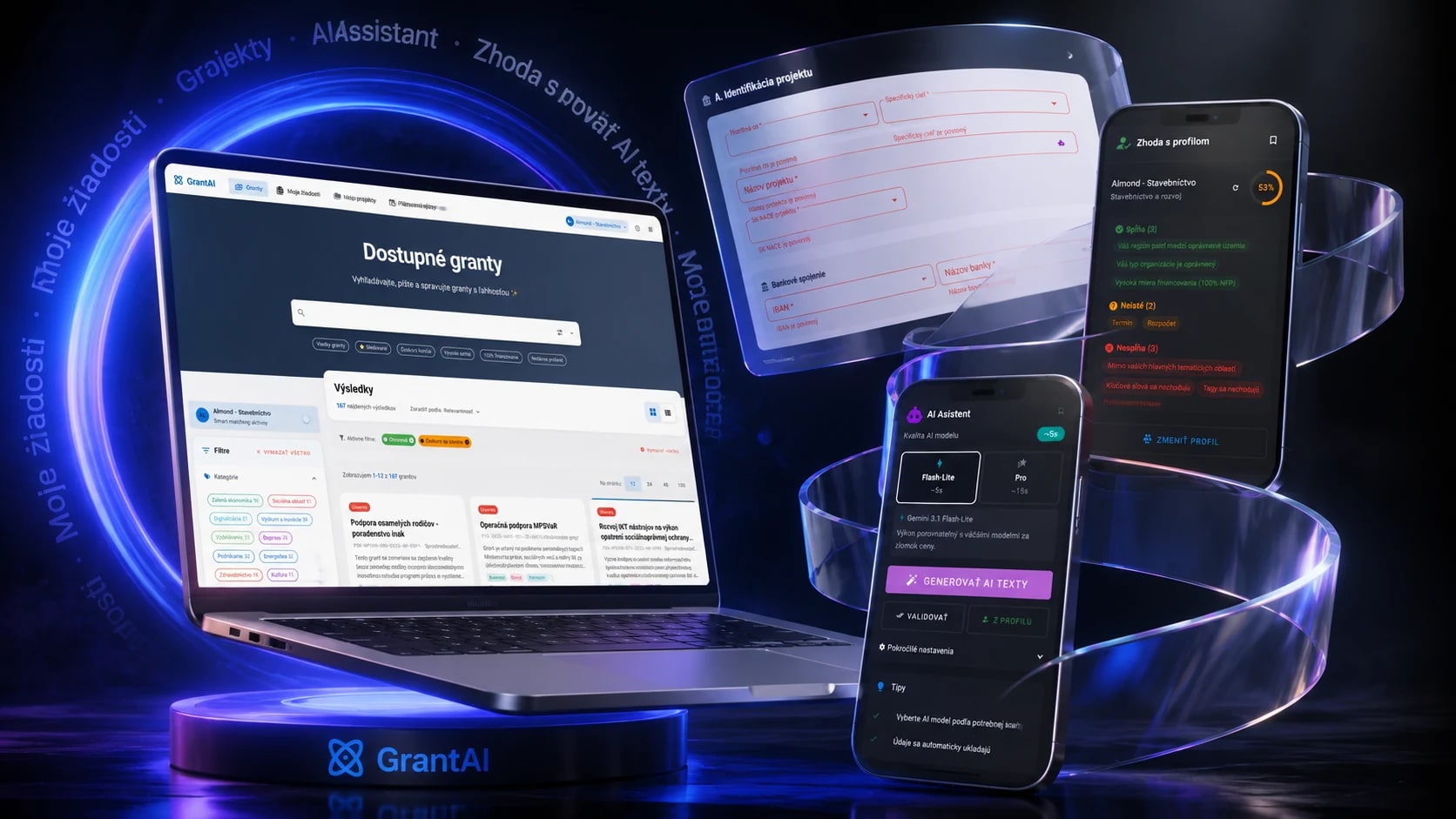 GrantAI na notebooku a mobilných obrazovkách s vyhľadávaním grantov a AI asistentom
